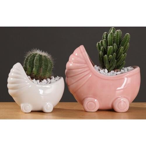 Cute Baby Carriage Shaped Flowerpot Desktop Bonsai Gardening Potted Succulent Plant Pot Ceramic Art Vase Home Office Decoration