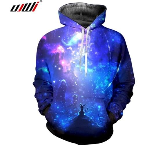 UJWI 2018 Plus Size Spring Hooded Hoodies Men Hip Hop Long Sleeve Pullover Sweatshirts 3D Printing Blue Space Galaxy Tops Hoody