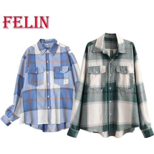 Za Plaid Print Oversized Long Casual Shirts Womens Pockets Button Streetwear Mujer Tops Fashion 2021 Chic Elegant Women Outwear