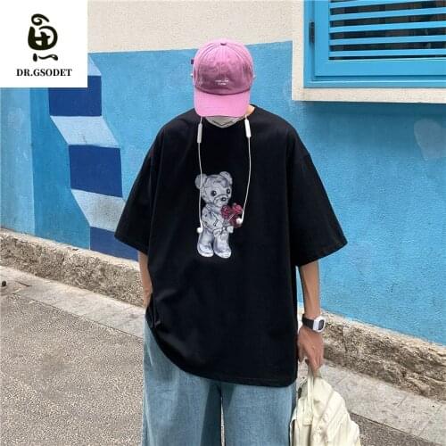 GSODET Summer T-Shirt Cotton Couple Harajuku Creative Bear Flowers Men and Women Short-Sleeved Loose Large Size Tops