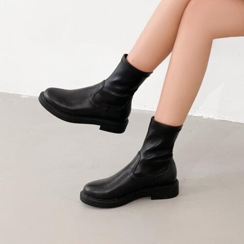 New Stretch PU boots Slim Women Shoes Slip ankle boots spring winter elegant shoes female Plus size 33-43
