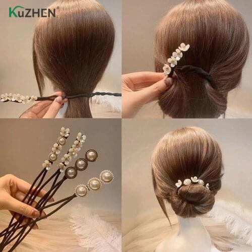 Women Elegant Hair Scrunchies Flower Hair Maker Tools Vintage Shell Pearl Bow Hairpin Bun Hairstyle Hair Stick Hair Accessories