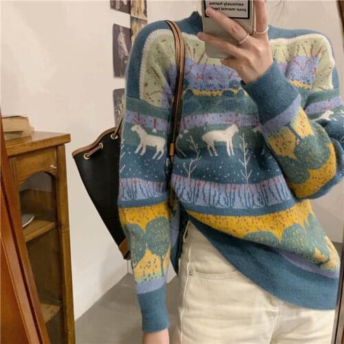 New Women Vintage Printed Sweater Korean Autumn Winter Long Sleeve Loose Oversize Streetwear Pullover Top Woman Knitted Sweaters