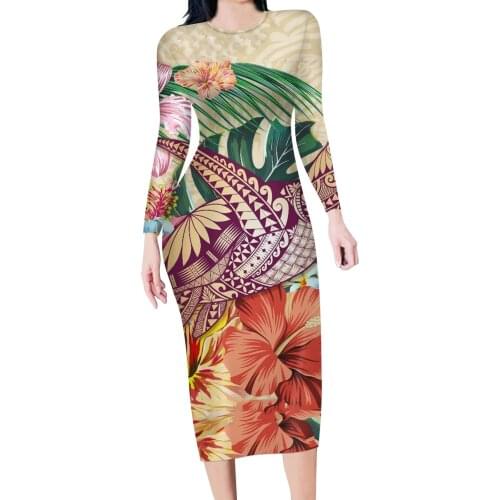 HYCOOL Hawaii Flower Dress Women Long Sleeve Dresses Polynesian Tribal Ruffles Loose Spring Autumn Plus Size Robe For Ladies