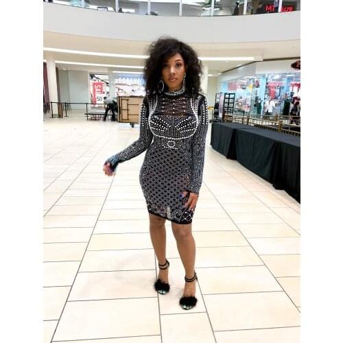 RMSFE 2021 Women Long Sleeve Half High Neck Fashion Sexy Simple Hot Drill Buttock A-Line Dress