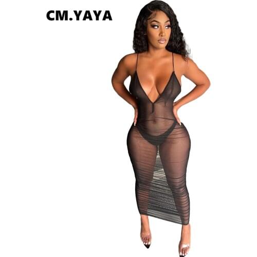 CM.YAYA Women Dress Mesh See-through Strap V-neck Bandage Strechy Long Maxi Dresses Sexy Night Club Party Vestidos Summer