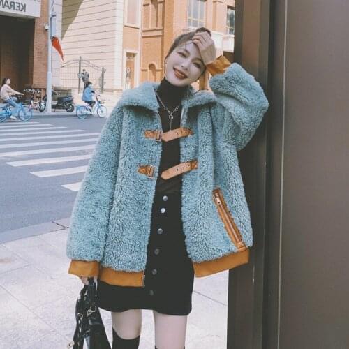 Winter Womens Lambs Wool Coat Long-sleeved Loose Fur One Korean Jacket Thickening Plus Fleece Collar Green New Cotton Female