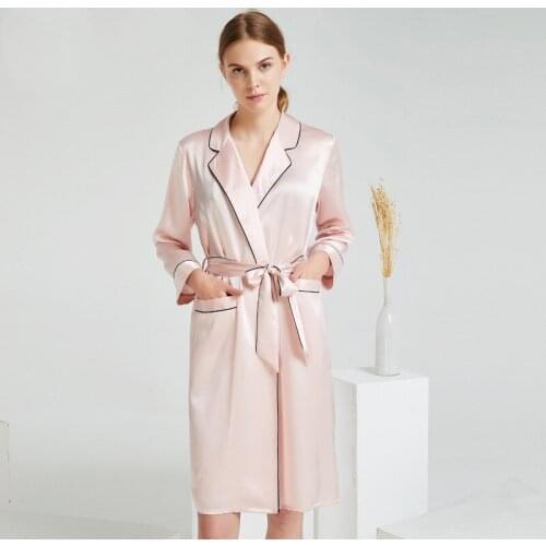 100%Mulberry Silk Nightgown Silk Kimono Robe Women Bathrobe Sexy Sleepwear Comfort Nightwear Pocket Homewear High-end Loungewear
