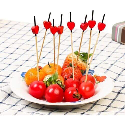 100Pcs 12cm Heart Disposable Bamboo Forks Fruit Desserts Chopsticks Cocktails Cake Wedding for Kids Birthday Party Decorations