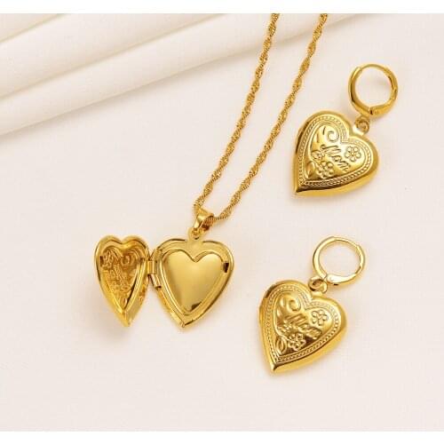 22k Solid Fine Gold 18ct THAI BAHT G/F Necklace earring Virgin Mary Open flower heart Pendant Mam Faith Jewelry Sets Women