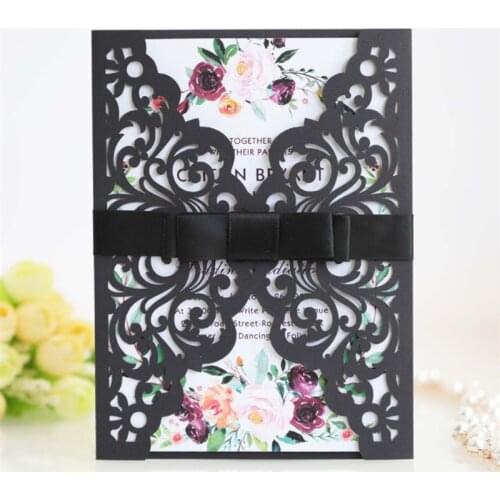 Black lace invitation card gift card floral laser cutting customized printing multi colors