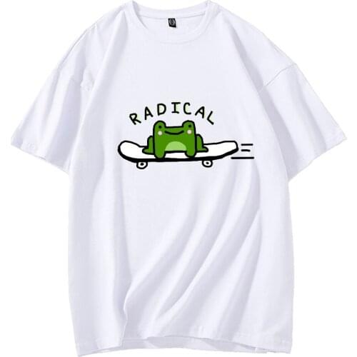 Harajuku Kawaii Frog on Skateboard T Shirt Cotton Striped Pants All-match Two-piece Suits Girl 90s Aesthetic High Waist Joggers