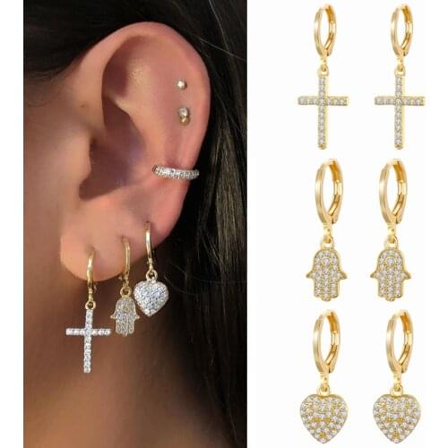 ISUEVA Charming CZ Love Heart 18K Gold Filled Lucky Cross Cubic Zircon Dangle Hoop Earrings for Women Fashion Gift Jewelry