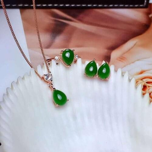 Natural Hotan Jasper Stone Ring Earrings Pendant Necklace Set 925 Silver Fine Fashion Jewelry for Women【FS Jewelry