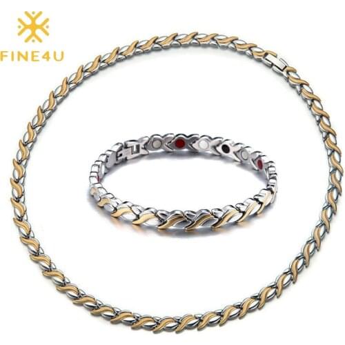 FINE4U N569 Magnetic Jewelry Set Hologram Power Necklaces Bracelets Chain & Link Classic Wedding Health Jewelry for Unisex