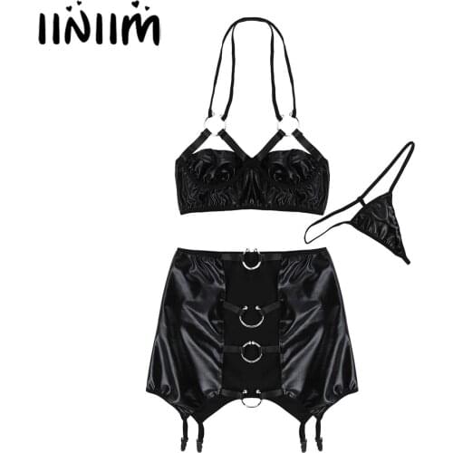 Womens Fashion Moto Sexy Clubwear Costumes Wetlook Leather Exotic Lingerie Set Underwired Bra Top with Briefs Panties Garter
