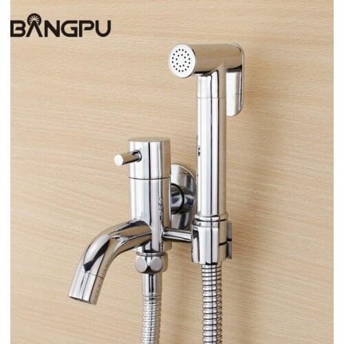 BANGPU Wall Mounted Bathroom Bidet Shower Sprayer Handheld Toilet Bidet Sprayer Set Kit Brass Bidet Toilet Faucet Chrome