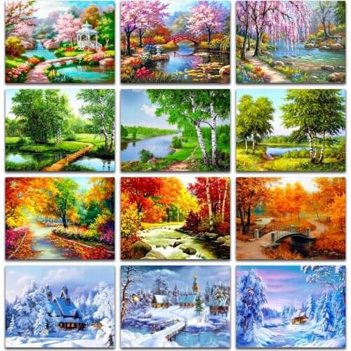 New 5D Full Square Diamond painting embroidery Spring Summer Autumn Winter maple tree bridge snow flower sunset sea beach aurora