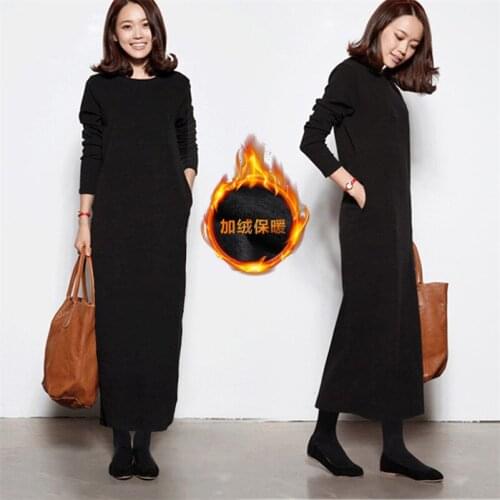 2020 Autumn Winter Cotton Straight Dress Women Pullover Large Size Long Maxi Dress Full Sleeves O-Neck Vestisos Plus Size M-8XL