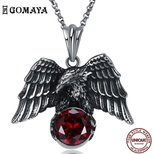GOMAYA Stainless Steel Punk Style Necklace For Men Red Zircon Black Eagle Shape Unisex Fashion Necklaces Jewelry Party On Sale