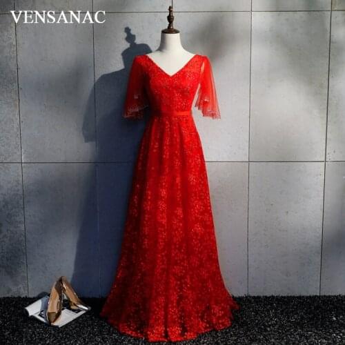 VENSANAC 2018 Lace Embroidery Sash A Line Long Evening Dresses Elegant V Neck Sequined Backless Party Prom Gowns