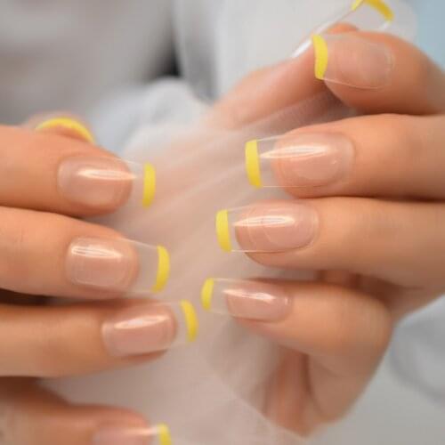Transparent Full Cover Fake Nails Medium Length Square Fingernails Lemon Yellow Tips False Nail DIY Salon Manicure Tool