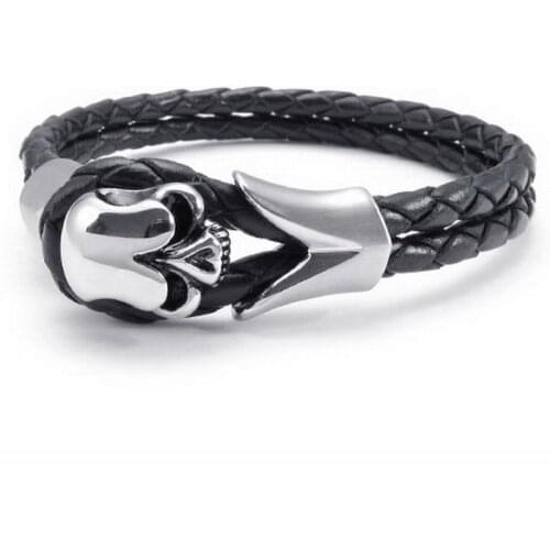 Drop shipping Fashion Jewelry Punk Skull Stainless Steel Bracelet Pulseras Men Black Genuine Leather Bracelets & Bangles SB116