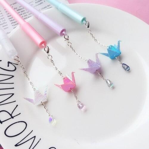 12PCS Creative Cartoon Student Black Ink Pen Laser Paper Cranes Drop Pendant Gel Pens Stationery Kawaii School Supplies