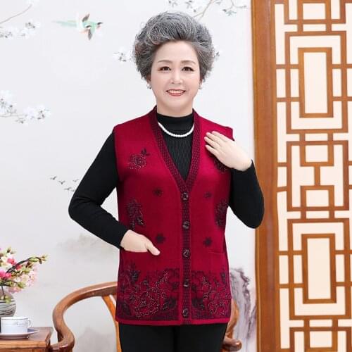 Sweater Vest Womens Wear Fashion Knitted Plus Size Sleeveless Flower Spring Autumn Casual Old People Vest Single