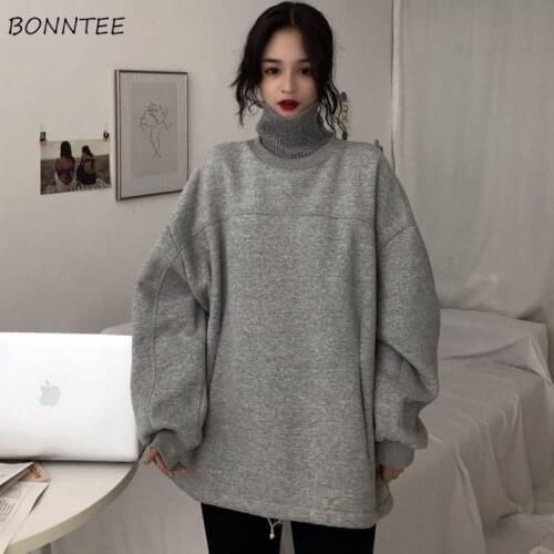 Hoodies Women Thicker Plus Velvet Solid False Two-piece Turtleneck Pocket Loose Oversize Long Style Womens Hoodie Leisure Simple