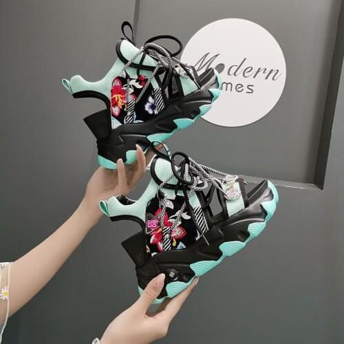 Patchwork Embroidery Lace-Up Rhinestone Hollow Platform Heightening Shoes 10CM Trend Designer Luxury Sandals Retro Rome Shoes