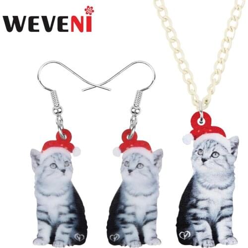 WEVENI Acrylic Christmas Hat Egyption Cat Jewelry Sets Necklace Earrings Animal Jewelry For Women Girl Teen Charm Gift Accessory