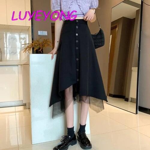 Lady Mesh Single Breasted Button High Waist Skirts Y2k Plaid Black Irregular Long Skirt Harajuku Gothic Korean Fashion Cloth