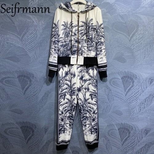 Seifrmann New 2021 Summer Women Fashion Runway Pants Set Lantern Sleeve Loose Coats + High Waist Vintage Print Long Pants Suits
