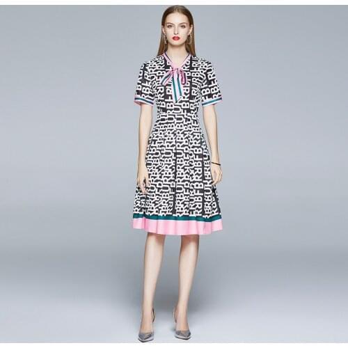 NRJ-6F-601-B-3298 Runway Dress 2020 Summer Women Short Sleeve Bow Collar Letter Print Dress