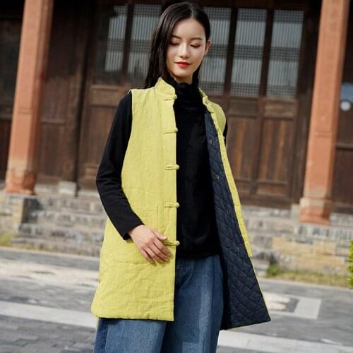 Aransue 2019 female winter new cotton waistcoat Vintage ramie sand wash stand collar thicken Vest medium long cardigan