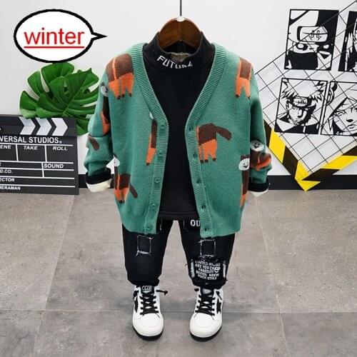 Winter 3pcs Outfit Baby Boy Clothing Set Cartoon Boys Knit Cardigan ,Plush Shirt and Thick Jeans Toddler Childrens Suits 2-6