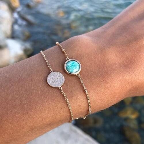 2pcs/set New Bracelet Women Handmade Lucky Jewelry Blue Stone Sheet Pendant Female Charm Fashion Bracelet Friendship Jewelry B02