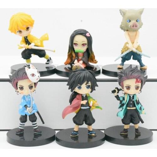 6PCS Q Version Anime Demon Slayer Sitting Ghost Doll Tanjiro Nidouzi Inosuke Zenizu Figure Action Figure Movie Model Toys Doll
