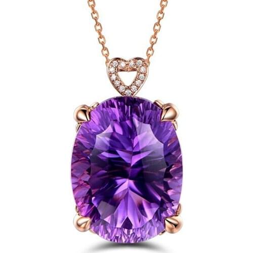 BIG AMETHYST GEMSTONE PURPLE CRYSTAL PENDANT NECKLACE FOR WOMEN FEMME 18K ROSE GOLD COLOR CHAIN LUXURY JEWELRY ZIRCON DIAMONDS