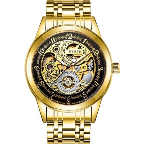 Wlisth Top Brand Mens Gear Mechanical Movement Sports Clock Gold Luminous Fashion Water Resistant Casual Analog Case Wrist Watch