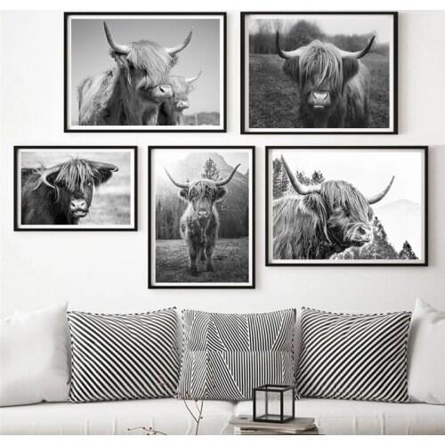 Black and White Highland Cow Print Farmhouse Decor Wall Art Canvas Painting Animal Large Posters Living Room Bedroom Pictures