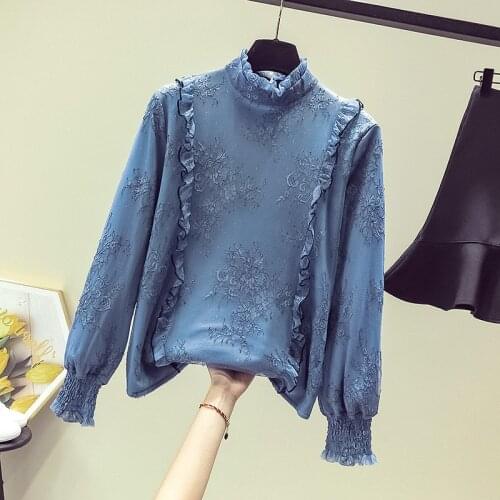 Elegant Lace Women Blouse Thicken Warm Fleece Solid Blue Office Lady Ruffles Pulls Outwear Coats Tops