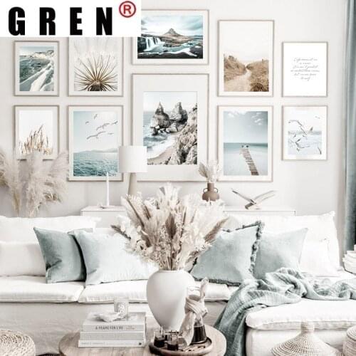 GREN Nordic Sunlight Beach Seagull Coastal Grass Canvas Painting Wall Art Print Poster Picture Modern Bedroom Home Decor