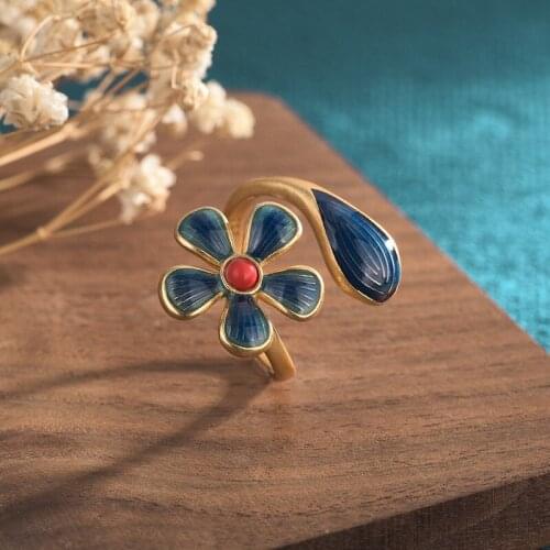 Retro Elegant Blue Flower Rings for Women Vintage Palace Ethnic Dating Jewelry 2021 Trend Fashion Resizable Ring Friends Gift M4