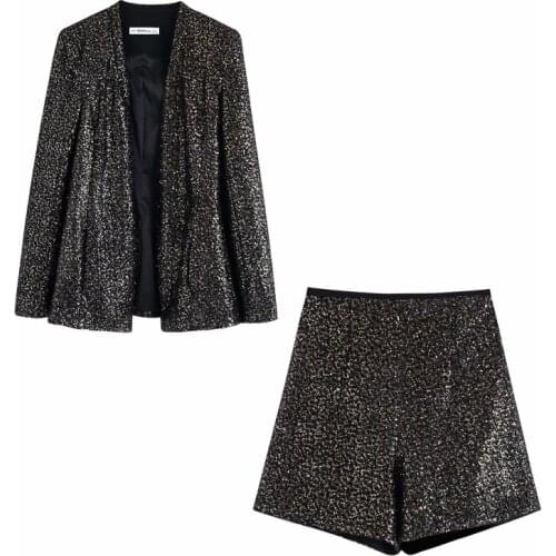 Nice Vintage Woman Black Sequins Shiny Coats New Spring Autumn Vogue Ladies Slim Outerwear Female Chic Streetwear Jackets