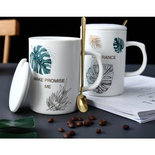 450mal Creative green leaf white porcelain mug with spoon,Drinkware Mugs Gift,Porcelain Mugs Coffee Cup Coffee Tea Milk Cup