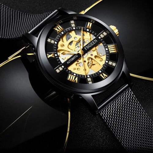 Mechanical Watches for Men Clock 2020 New Selling Self Wind Automatic Wrist Watch Skeleton Tourbillon Black Mesh Band Mens Watch