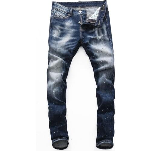 Dsq brand European Style mens slim elastic jeans Men straight denim trousers zipper Patchwork Slim blue hole jeans for men 8261