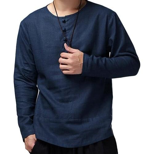 Mens Long Sleeve Button Half Cardigan Top Casual Loose Large Size Cotton O-Neck Pullover Shirt